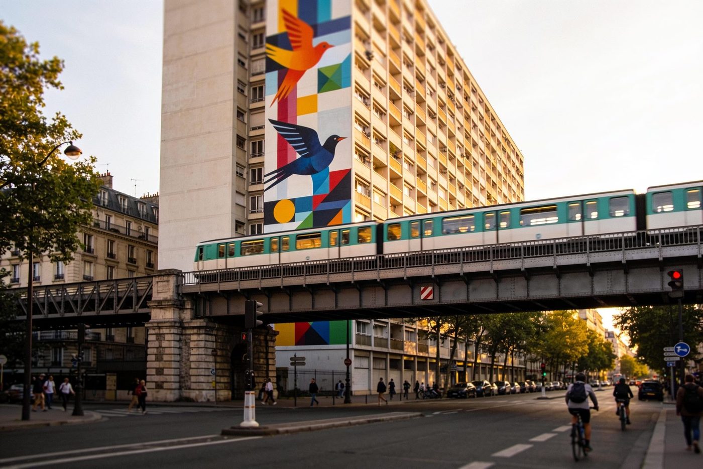 Une fresque géante colorée sur le pignon d'un immeuble, devant le métro aérien
